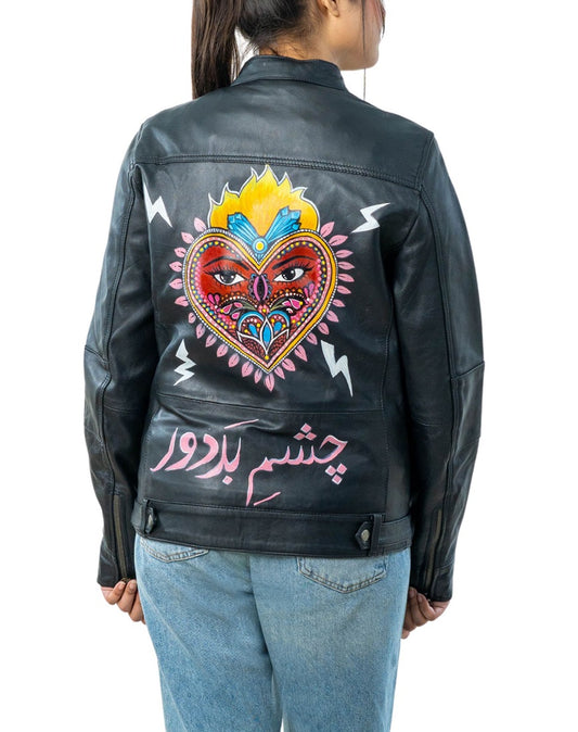 Allure Hand-Painted Black Leather Biker Jacket