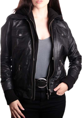 Aurelia Black Leather Bomber Jacket With Hood