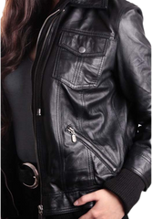 Aurelia Black Leather Bomber Jacket With Hood