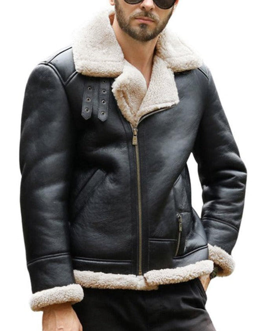 Axis Black Leather Bomber Jacket with Faux Shearling Lining
