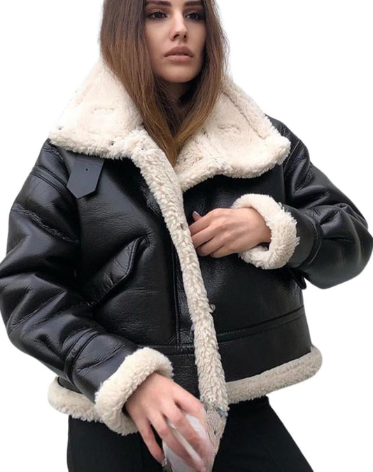 Bella A-2 Faux Shearling Black Bomber Leather Jacket