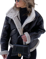 Bella A-2 Faux Shearling Black Bomber Leather Jacket