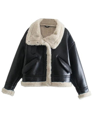 Bella A-2 Faux Shearling Black Bomber Leather Jacket