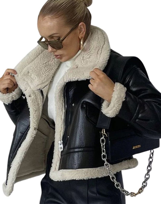 Bella A-2 Faux Shearling Black Bomber Leather Jacket