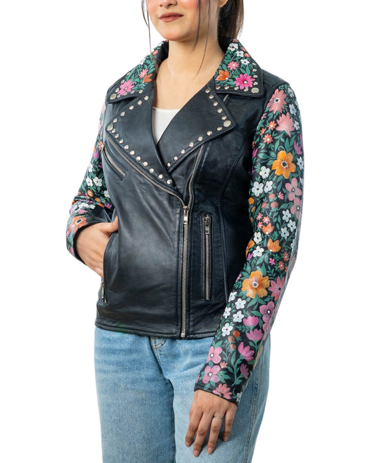 Blossom Hand-Painted Black Leather Biker Jacket Left Side