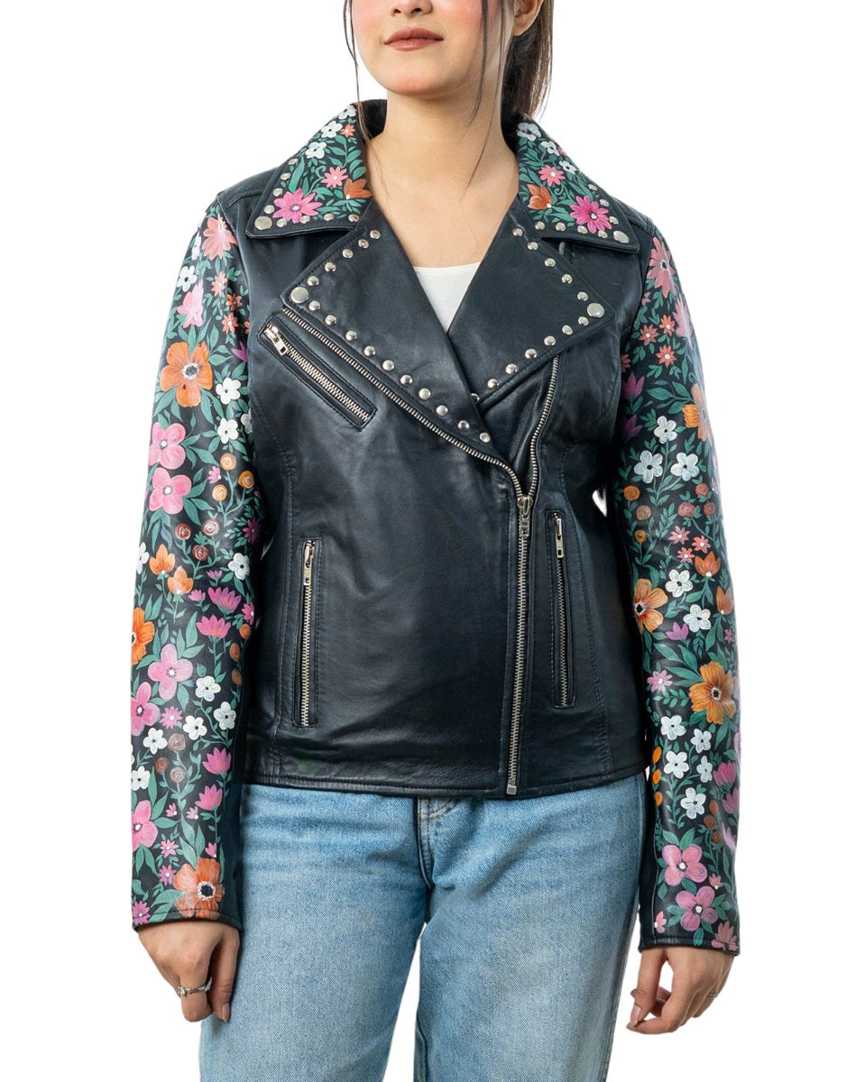 Blossom Hand-Painted Black Leather Biker Jacket front