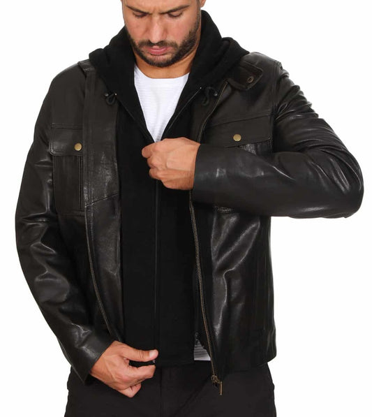 Comet Black Detachable Hooded Leather Jacket