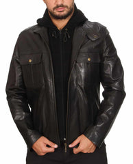 Comet Black Detachable Hooded Leather Jacket