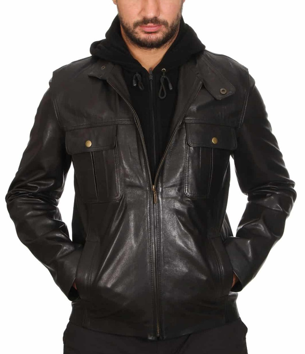 Comet Black Detachable Hooded Leather Jacket