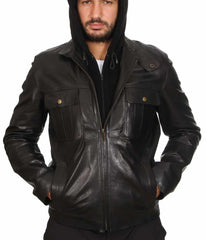 Comet Black Detachable Hooded Leather Jacket