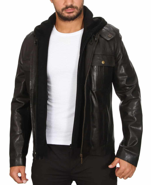 Comet Black Detachable Hooded Leather Jacket