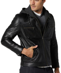 Drift Black Detachable Hooded Leather Jacket