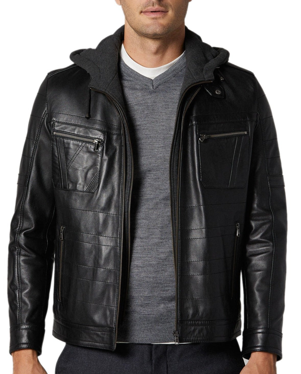 Drift Black Detachable Hooded Leather Jacket