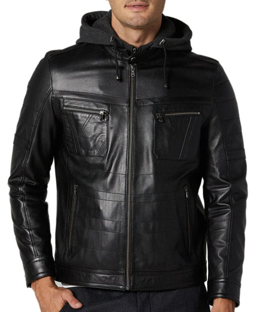 Drift Black Detachable Hooded Leather Jacket