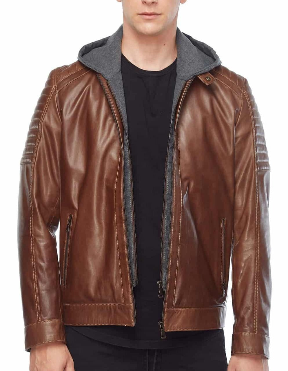 Element Brown Detachable Hooded Leather Jacket