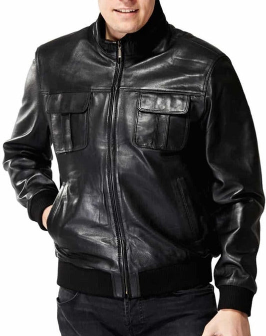 Elixir Black Leather Bomber Jacket