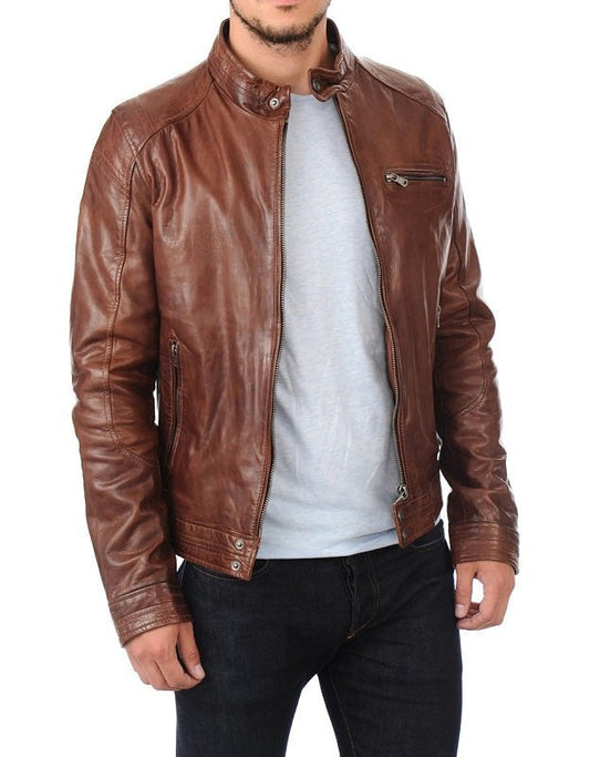 Enigma Brown Waxed Leather Biker Jacket