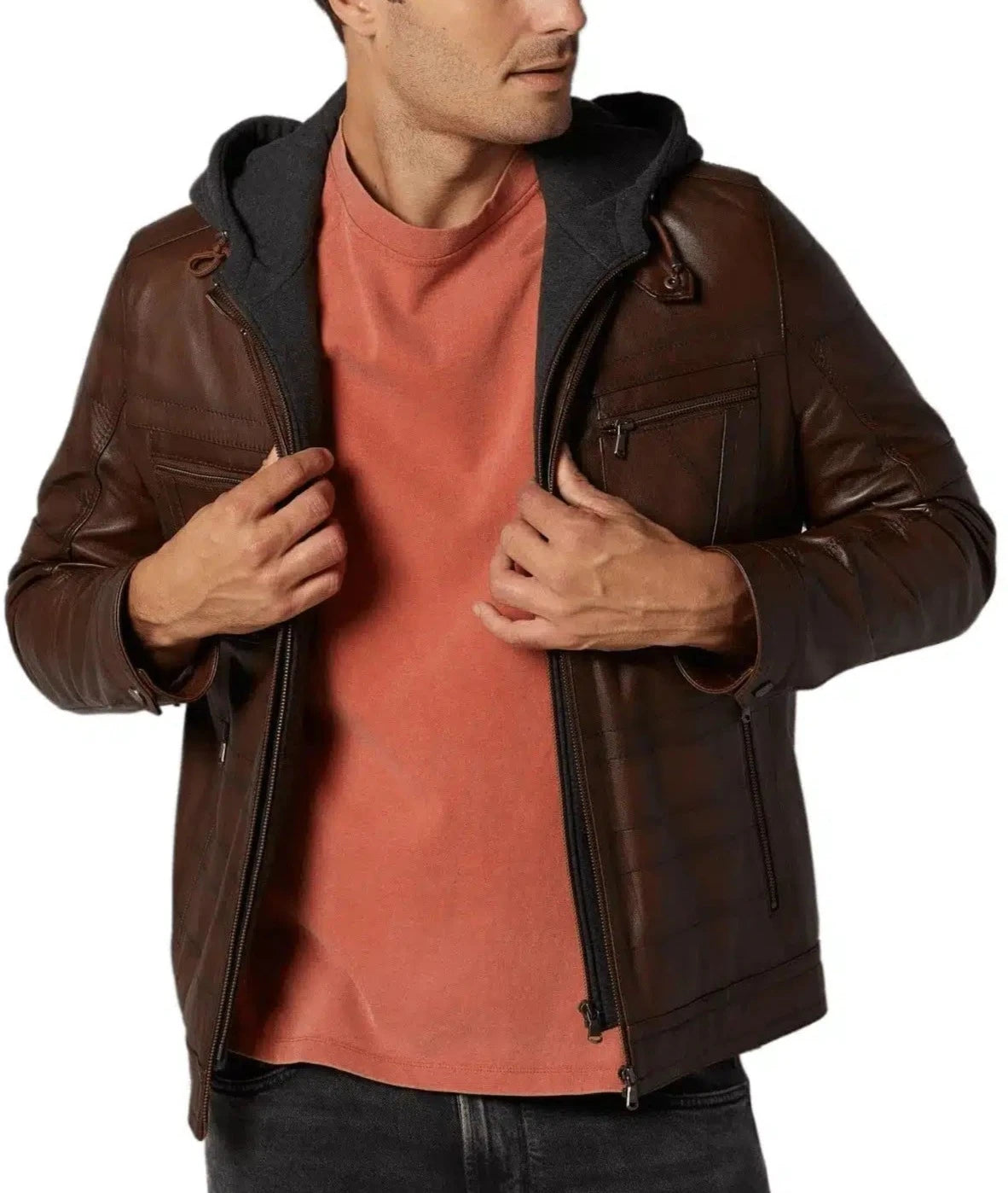 Envy Brown Detachable Hooded Leather Jacket