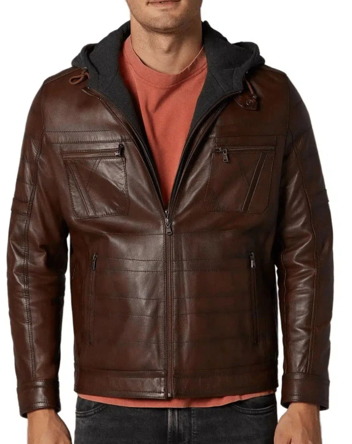 Envy Brown Detachable Hooded Leather Jacket