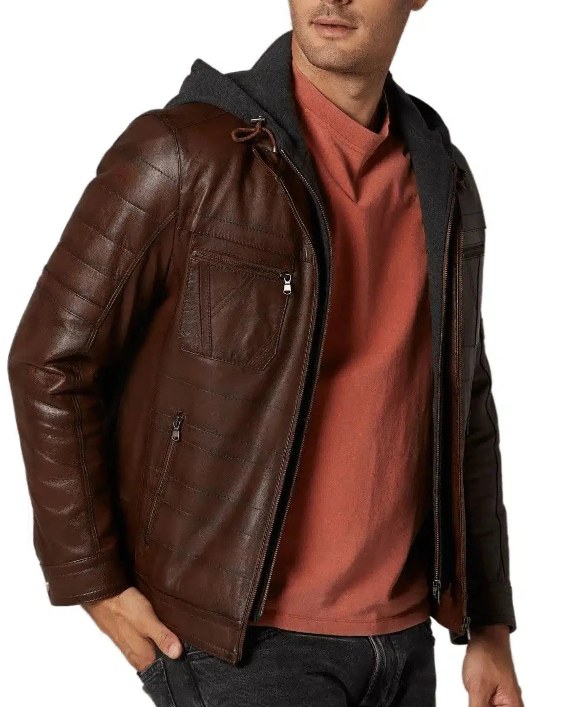 Envy Brown Detachable Hooded Leather Jacket