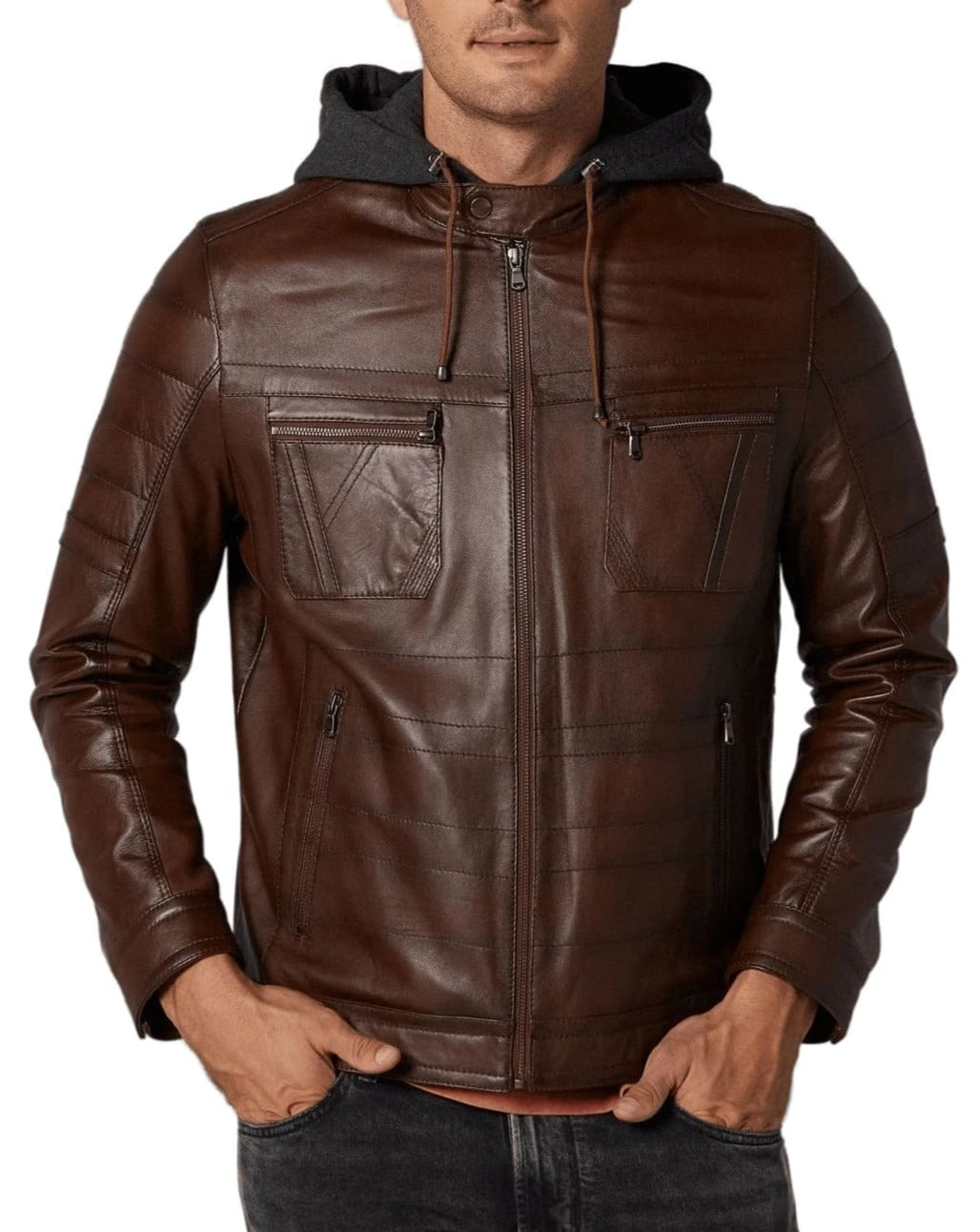 Envy Brown Detachable Hooded Leather Jacket