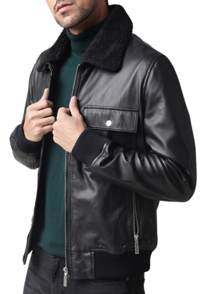 Essence Black Leather Bomber Jacket