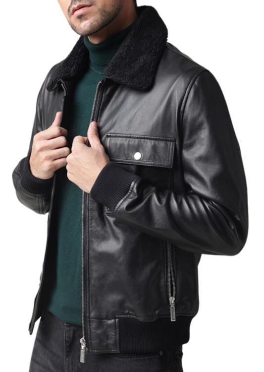 Essence Black Leather Bomber Jacket