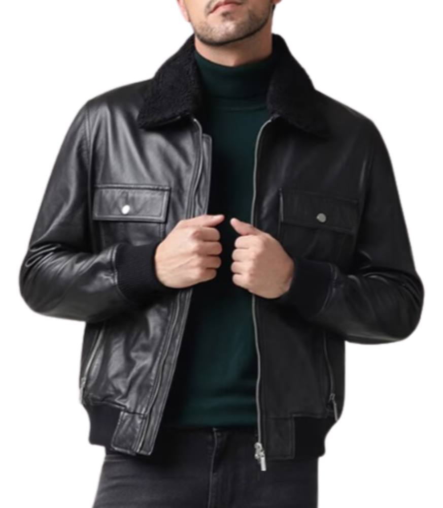 Essence Black Leather Bomber Jacket