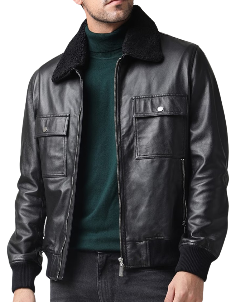 Essence Black Leather Bomber Jacket