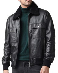 Essence Black Leather Bomber Jacket