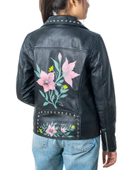 Flourish Hand-Painted Black Leather Biker Jacket Back