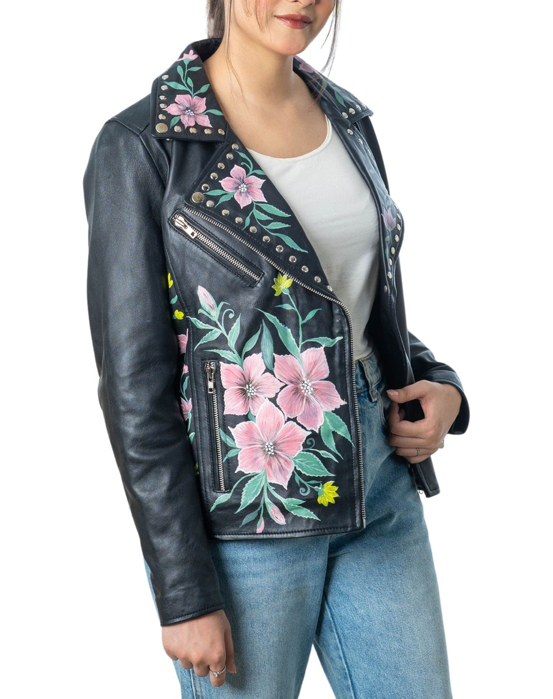 Flourish Hand-Painted Black Leather Biker Jacket Right Side