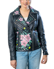 Flourish Hand-Painted Black Leather Biker Jacket Front