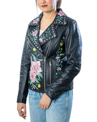 Flourish Hand-Painted Black Leather Biker Jacket Side