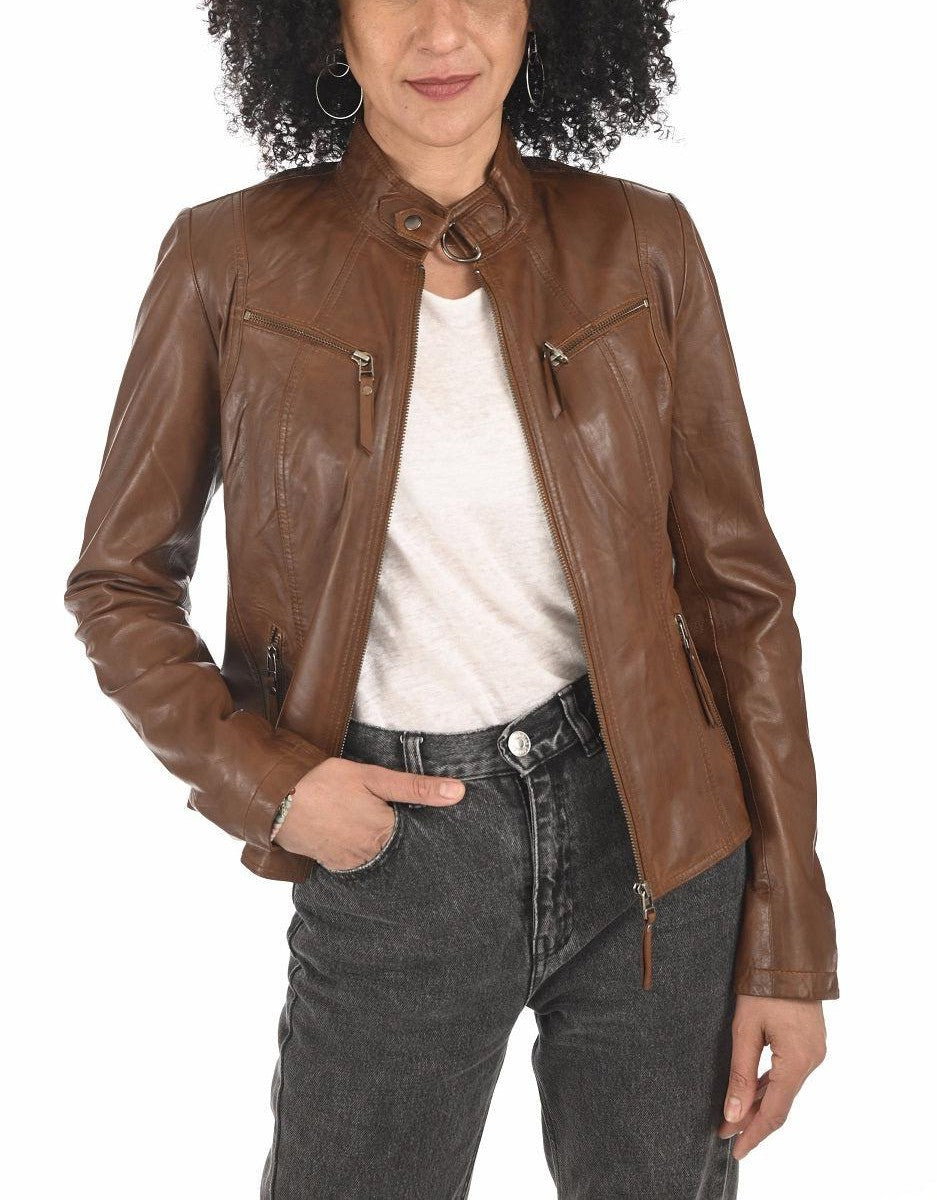 Glimmer Brown Leather Biker Jacket