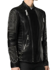 Leone Black Studded Biker Leather Jacket