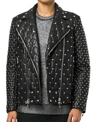 Rebel Black Studded Quilted Biker Leather Jacket