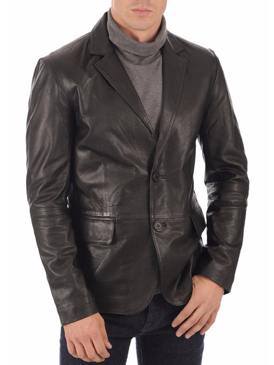 Mens Leather Blazer Refined Elegance: Men's Black Real Lambskin Leather Blazer for Timeless Sophistication