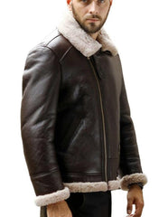 Nexus Brown Leather Bomber Jacket with Faux Shearling Lining