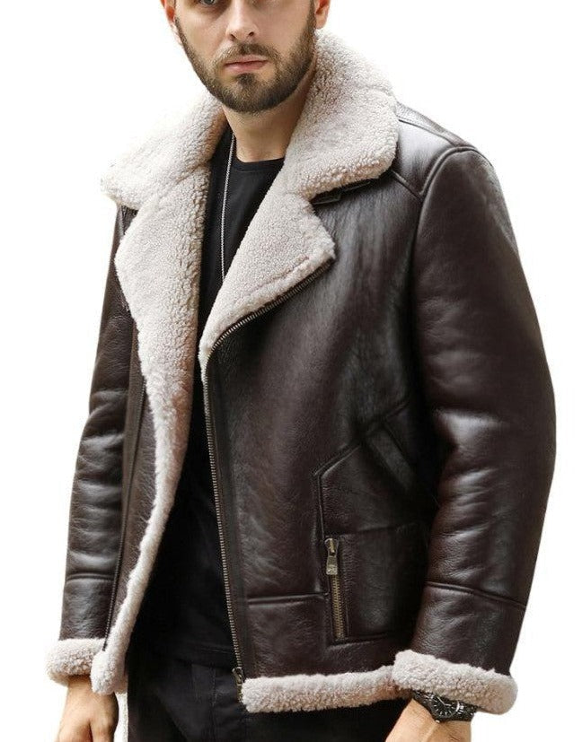 Nexus Brown Leather Bomber Jacket with Faux Shearling Lining