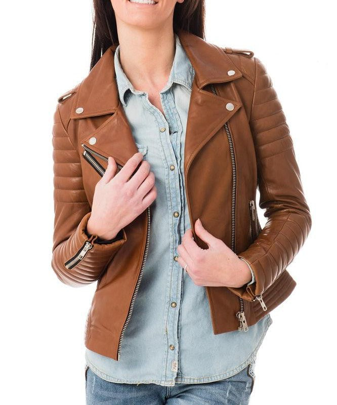 Noir Tan Leather Biker Jacket