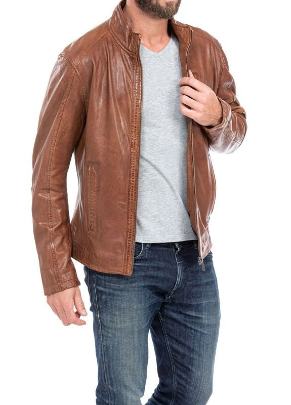 Pinnacle Tan Waxed Leather Biker Jacket