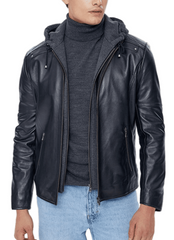 Pulse Black Detachable Hooded Leather Jacket