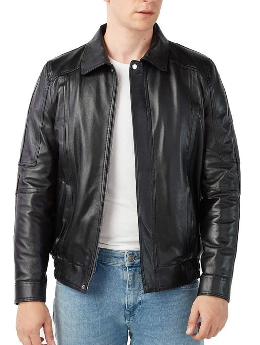 Quest Black Leather Bomber Jacket