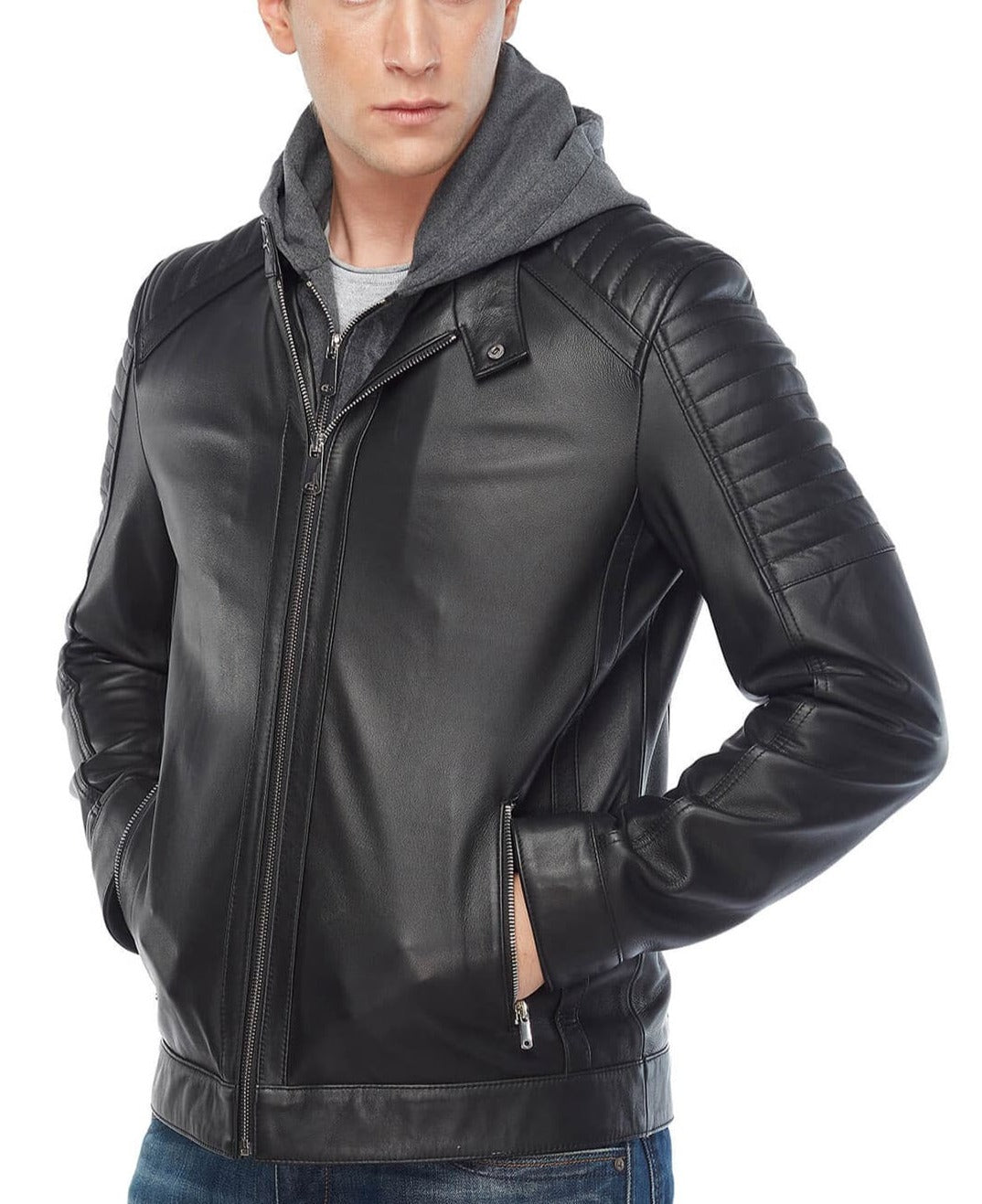 Radiant Black Detachable Hooded Leather Jacket