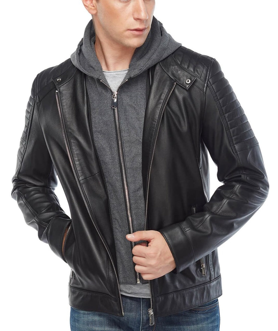 Radiant Black Detachable Hooded Leather Jacket