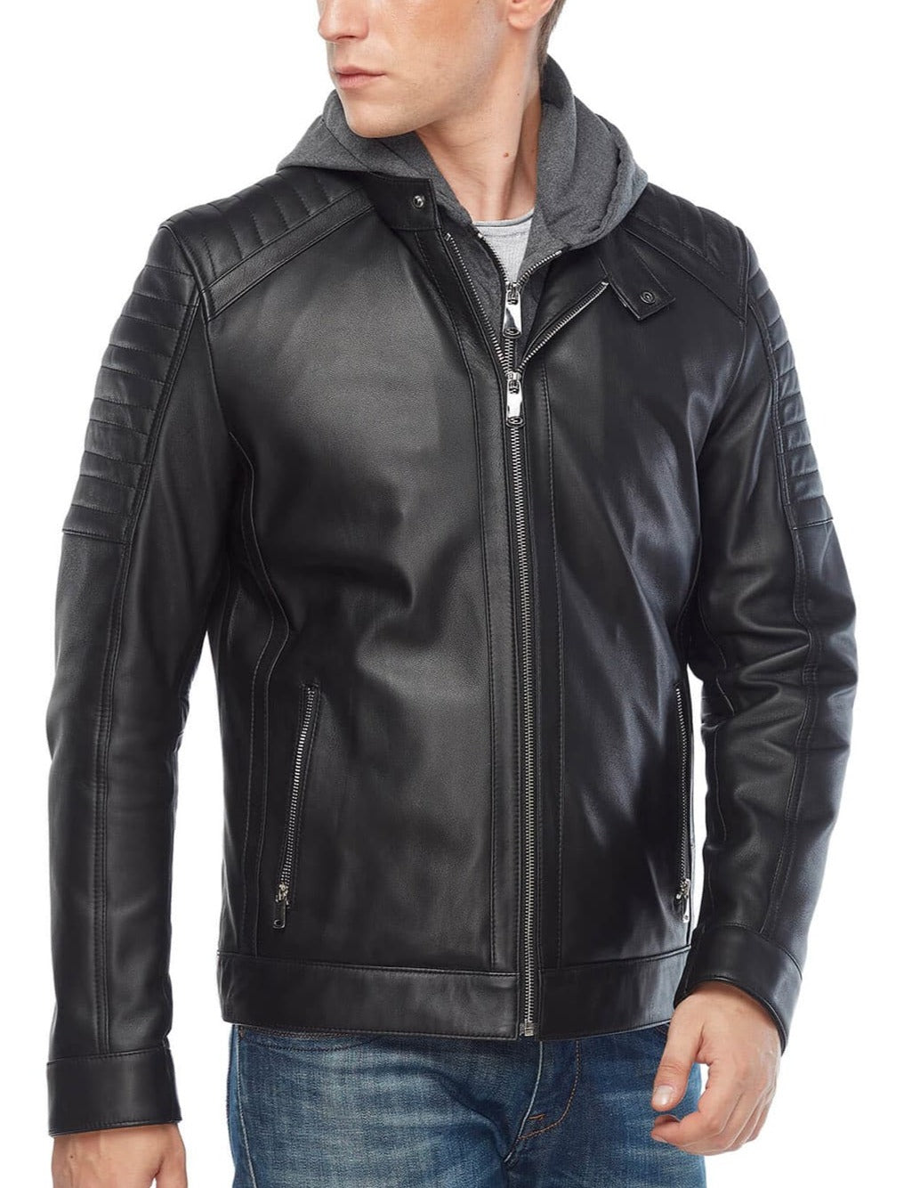 Radiant Black Detachable Hooded Leather Jacket