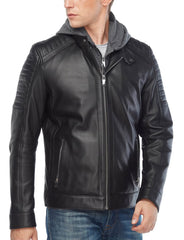 Radiant Black Detachable Hooded Leather Jacket