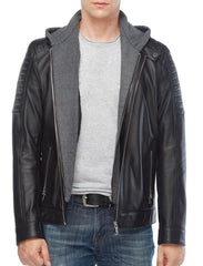 Radiant Black Detachable Hooded Leather Jacket