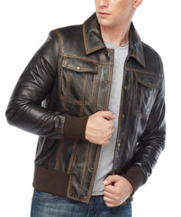 Rugged Distressed Brown Leather Bomber Jacket